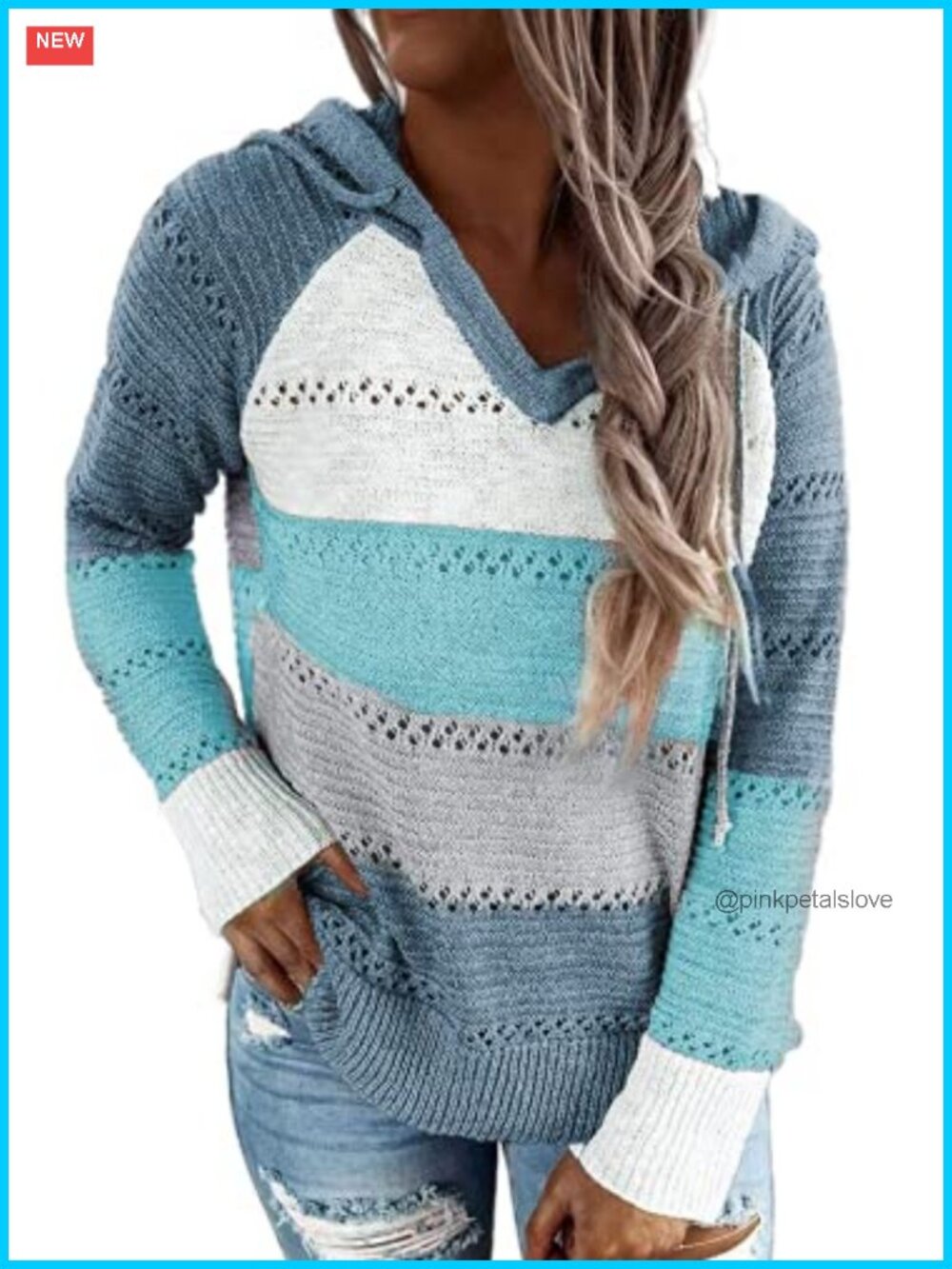 Striped Color Block Hooded Sweater V Neck Knit Pullover Loose Fit